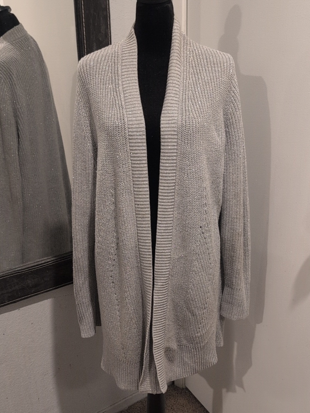 Banana Republic XL Gray Metallic Open Front Long Cardigan Sweater